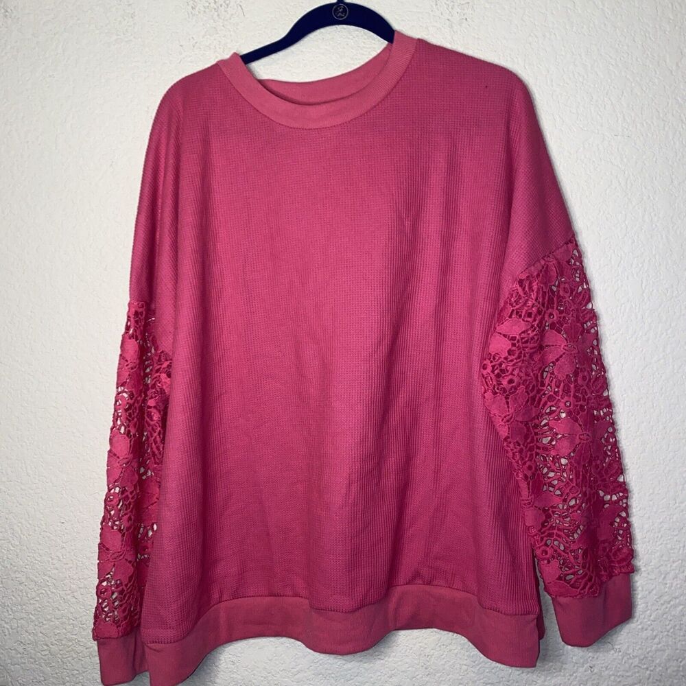 pink oversize Thermal open Crochet Arms Sweater floral hippie 2XL NWOT boho